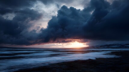 Dramatic sunset illuminating a vast cold Arctic plain under a stormy sky with snow patches