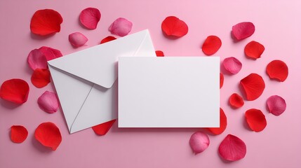 Valentine card mockup with envelope and red rose petals on pink background, romantic love greeting concept, perfect for wedding invitations, love letters, romantic promotions, and card design mockups.