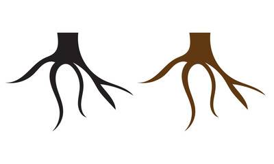 Black and brown tree root silhouette. Vector illustration showing two stylized tree root systems, one black and one brown, symbolizing nature, growth, and organic structure design.
