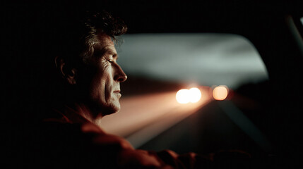 Pensive man driving at night, bathed in the glow of headlights. Evokes solitude, travel, reflection, or responsibility. Ideal for illustrating focus, journeys, or late nights.