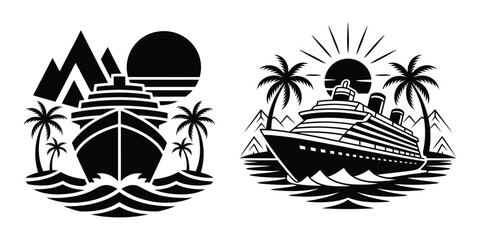 Tropical Cruise Ship Travel Vector Badge Logo Illustration Set