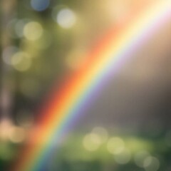 A sharp, focused rainbow is the centerpiece of a dreamy image, surrounded by a blurred bokeh effect, gentle color contrasts create an ethereal, enchanting atmosphere
