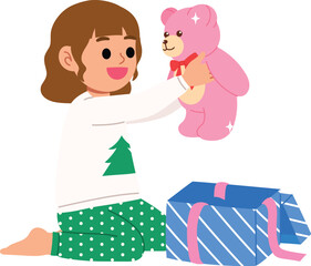 Happy Girl with Pajamas Open Christmas Box, Smile Girl Got Cute Pink Teddy Bear for Christmas, Young Girl Surprise When She Got Festive Present illustration