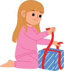 Cute Girl with Pajamas Got Xmas Gift Box, Happy Girl Character Unpack Present Box, Young Girl Open Birthday  Gift Box illustration