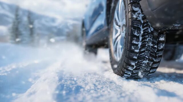 185Tire close-up on icy snowy road, small snow clumps flying from treads, soft light reflecting off frost, emphasizing winter safety and traction