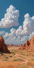 Desert landscape with majestic red rock formations, a winding path through golden grasslands, and a brilliant blue sky adorned with fluffy white clouds