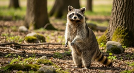 Obraz premium Curious Raccoon Stands Tall Amidst Sun-Dappled Forest Floor, Alert and Observant.