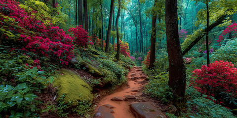 A vibrant pathway winds through a lush forest teeming with blooming pink and red azaleas, evoking a sense of serene natural beauty