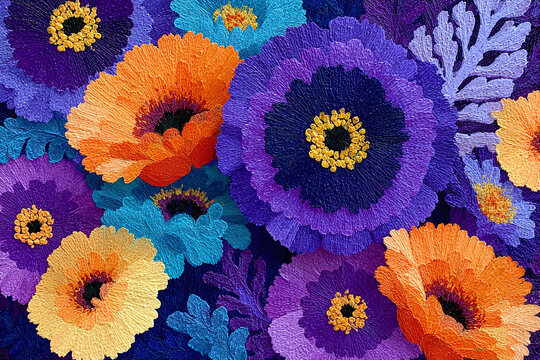 Close-up macro photograph of vibrant embroidered poppies in shades of purple, blue, and orange against a dark background, showcasing intricate floral artistry
