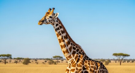 Majestic Giraffe Portrait in African Savanna Under Clear Blue Sky.