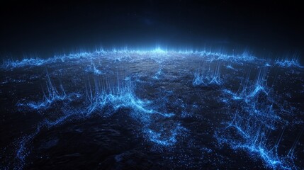 Futuristic digital landscape made of glowing blue particles flowing backward across the surface, showing abstract data, technology, network, virtual motion and AI-inspired sci-fi concept