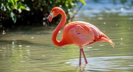 Elegant Flamingo in Shallow Water, Serene Pose, Vibrant Pink Plumage, Natural Habitat.