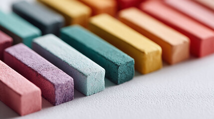 Macro view of colorful pastel sticks in a row, perfect for art, education or creative concepts. Soft focus enhances the artistic feel. Ideal for backgrounds, textures.