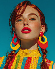 Vibrant portrait of a confident young woman with fiery red braided hair, striking red lips, and bold colorful geometric earrings, embodying a playful and modern beauty concept