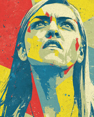 Vibrant pop art portrait of a determined woman looking skyward, conveying a powerful message of hope, resilience, and future aspirations through bold colors and a textured, expressive style