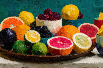 Vibrant Fruit Tray Still Life A Burst of Colors and Textures in Oil Painting