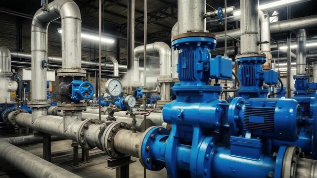 Dynamic industrial pumps and pipes hum with power, suggesting active manufacturing and complex systems., 4k high quality