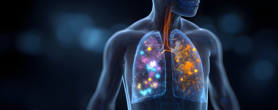 3D medical illustration of human lungs showing cancerous tumors and viral infection, futuristic anatomy concept for healthcare and oncology research