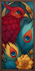 A Majestic Phoenix Vibrant Illustration of a Mythical Bird with Detailed Feathers, and Botanical Elements