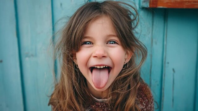 Playful Girl with Tongue Out: A close-up shot of a young, vivacious girl with her tongue playfully sticking out, her eyes twinkling with pure, unadulterated joy. A candid moment of innocence.