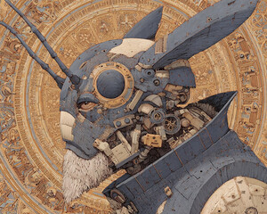 Intricate Mechanical Rabbit Illustration Detailed Steampunk Art with Gear-Filled Design & Aesthetic Appeal