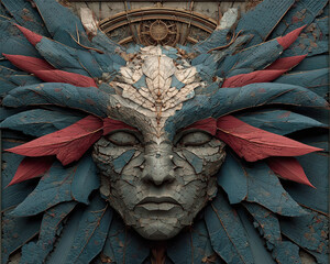 Intricate Stone Face Adorned with Ornamental Feathers and Detailed Carvings Depicting a Serene Expression