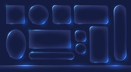 Liquid transparent glass frames set with glowing edges. Geometric forms collection - rectangle, circle, oval, square shapes with radiant borders. Vector illustration.