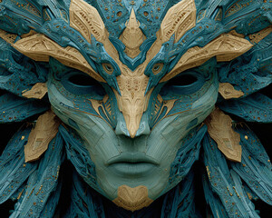 Fantastical Creature Mask with Intricate Teal and Gold Feather-like Details