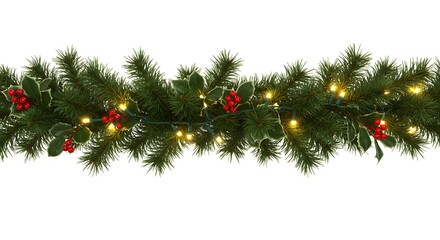 Detailed Christmas Garland with Glowing Lights and Holly Berries on White