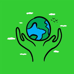 Hands holding the earth, hand-drawn kids' illustration with clouds and little birds save the earth, planet care environment concept.