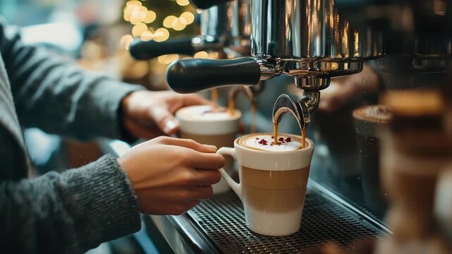Barista wearing preparing peppermint mocha at espresso machine, , copy space