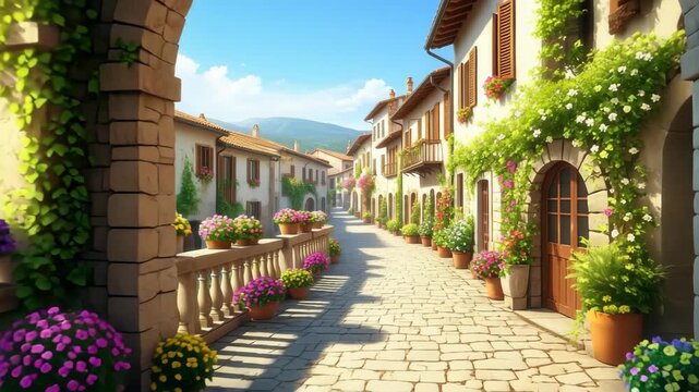 Charming Italian village street lined with vibrant flowers and historic architecture, 4k high quality