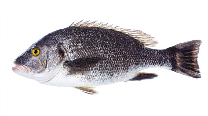 seabass. A fresh sea bass isolated on a white background, showcasing its detailed texture. menu design, packaging mockups, designed for culinary blogs and recipe cards for restaurants.