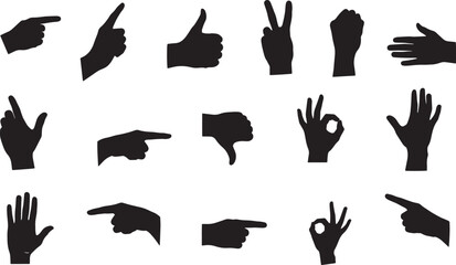 Silhouette vector set of black hand gestures and signs isolated on transparent background.