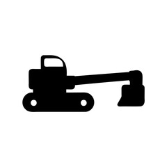Silhouette image of construction machinery depicting an excavator on white background