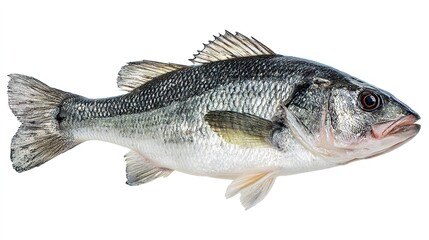 seabass. A fresh sea bass isolated on a white background, showcasing its detailed texture. menu design, packaging mockups, designed for culinary blogs and recipe cards for restaurants.