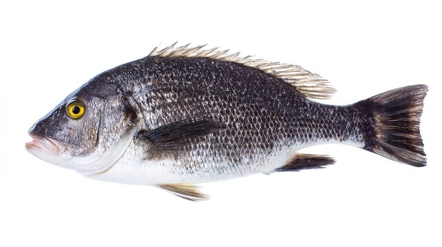 seabass. A fresh sea bass isolated on a white background, showcasing its detailed texture. menu design, packaging mockups, designed for culinary blogs and recipe cards for restaurants.