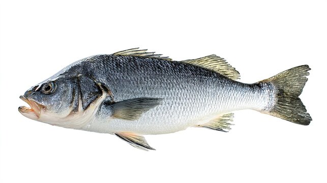 seabass. A fresh sea bass isolated on a white background, showcasing its detailed texture. menu design, packaging mockups, designed for culinary blogs and recipe cards for restaurants.