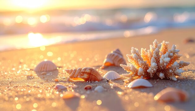 Couple walking along sandy beach during golden hour sunset ocean sparkling sky glowing warm light romantic atmosphere - Powered by Adobe