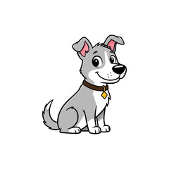 Cute cartoon puppy illustration, grey and white dog with collar and tag, happy and friendly expression