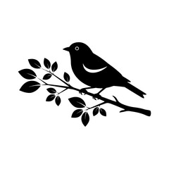 Elegant bird silhouette perched on a leafy branch, black and white minimal vector graphic illustration