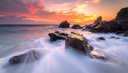 Fototapeta premium Dramatic Ocean Sunset Over Rocky Shoreline with Fiery Clouds and Gentle Waves Creating a Serene Coastal Landscape
