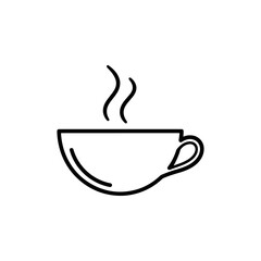 Minimalist black outline vector icon, a steaming hot cup of coffee or tea, simple beverage symbol