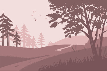 landscape pastel hills and river with layered trees and flying birds