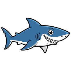 Smiling cartoon shark illustration, cheerful marine predator, ocean life, aquatic animal mascot design