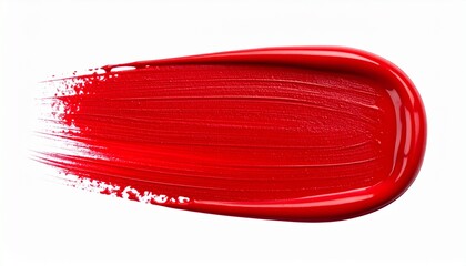 Red paint brushstroke with glossy texture and bristle detail on white background for editorial visual arts photography cosmetic decor and poetic intensity-themed visuals