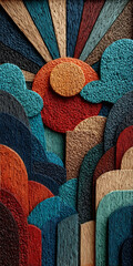 Vibrant abstract landscape created with a rich shag rug texture, depicting a modern sunrise over colorful layered hills and clouds