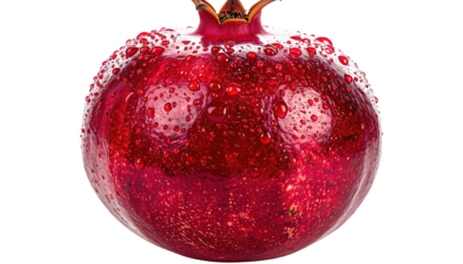 Dew-kissed pomegranate, glistening red rind, detailed textures