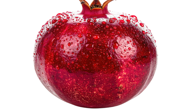 Dew-kissed pomegranate, glistening red rind, detailed textures