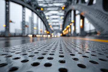 Textured metal bridge deck at low angle, leading to a blurred urban cityscape with glowing lights, showcasing modern infrastructure and robust architectural design